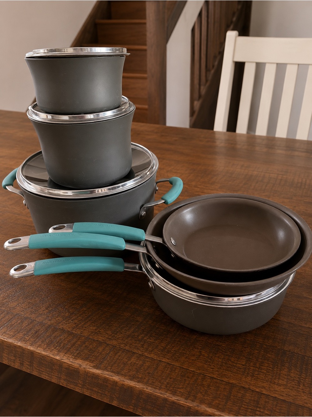 Rachel Ray Teal Handle Nonstick Cookware Set - Gray Pots and Pans